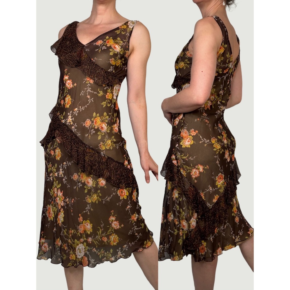 Laundry by Shelli Segal Silk Floral Leopard Print Ruffle Midi Dress Vintage Y2K